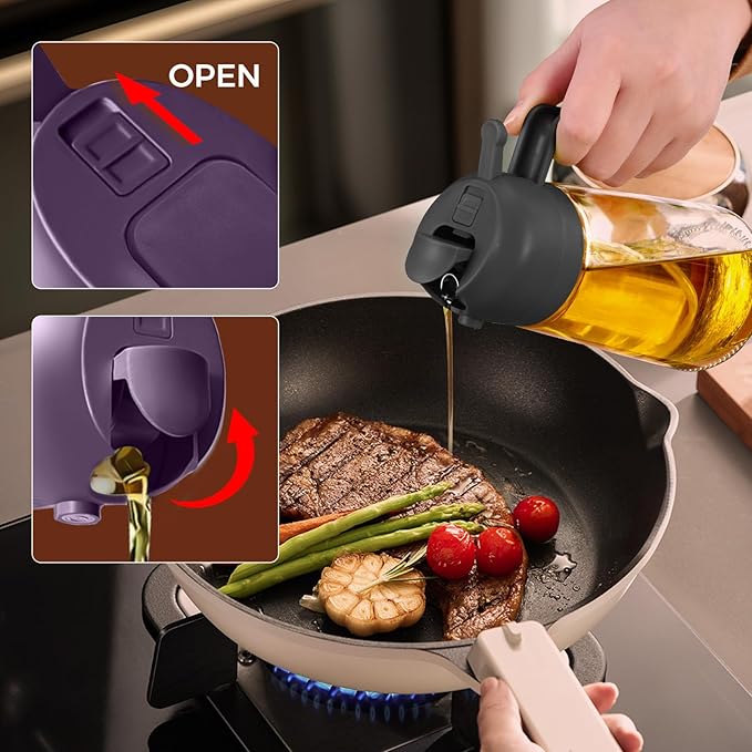 YARRAMATE 16oz/470ml Glass Olive Oil Sprayer for Cooking with Stickers, 2 in 1 Oil Dispenser for Kitchen Gadgets, Food Grade Premium Spray Bottle with Portion Control for Salad, BBQ (Purple)