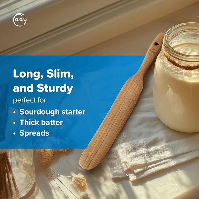 FAAY Handmade Teak Spurtle for Sourdough Starter – Wooden Stirring Stick & Mixing Tool for Deep Jars | Nonstick-Safe, Finished with Coconut Cooking Oil, Crafted in Thailand