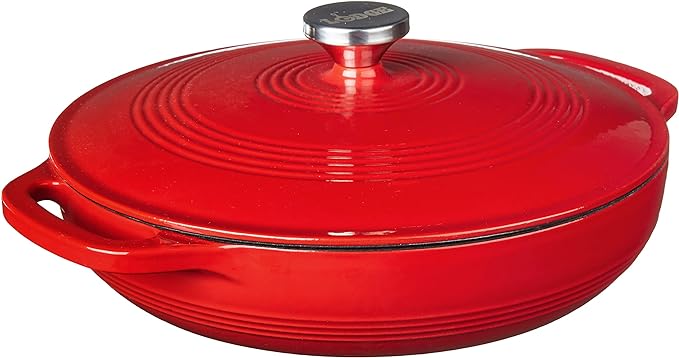 Lodge 3.6 Quart Enameled Cast Iron Covered Casserole with Lid – Dual Handles – Oven Safe up to 500° F or on Stovetop - Use to Marinate, Cook, Bake, Refrigerate and Serve – Solid Red