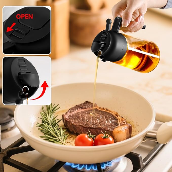 2PCS Oil Sprayer for Cooking, 470ml 2 In 1 Sprayr & Pour, Glass Olive Oil Dispenser Pourer for Kitchen, Air Fryer, Cooking, Salad, BBQ (Black,Black)