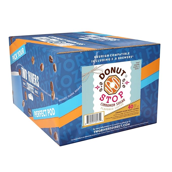 Donut Stop Flavored Coffee Pods, Compatible with 2.0 K-Cup Brewers, Cinnamon Sugar Flavor, 40 Count