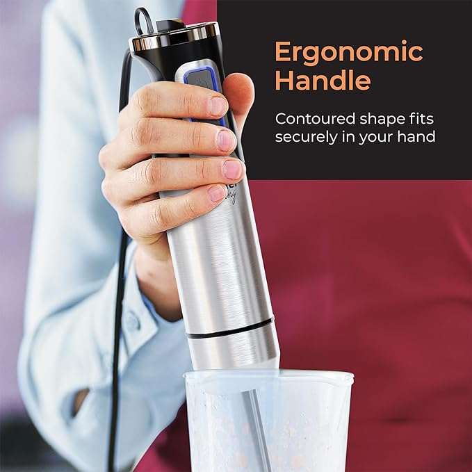 MuellerLiving Immersion Handheld Stick Blender: 8-Speed Stainless Steel Electric, 3-in-1 Turbo Mode for Soup, Smoothies, and Purée.