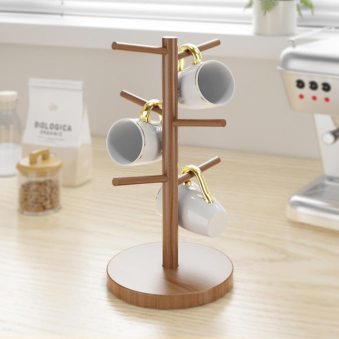 Wisuce Coffee Mug Holder, Bamboo Mug Tree with Thicker Base Coffee Cup Mug Stand for Counter, Mug Rack with 6 Hooks