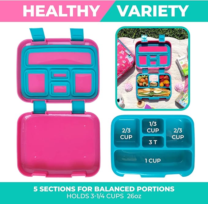 kinsho Unicorn Bento Lunch Box for Girls Toddlers, 5 Portion Control Sections, BPA Free Removable Plastic Tray, Pre-School Kid Toddler Girl Daycare Lunches, Snack Container Ages 3 to 7 Pink Unicorns