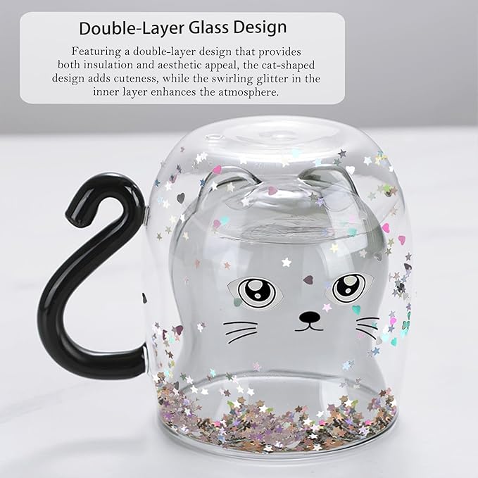 Gifts for Women Cat Gifts Double Walled Glass Coffee Latte Cup Cute Stuff Black Cat Mug Gifts for Her Christmas Stocking Fillers,Birthday,Valentines,Halloween Presents for Women,Men,Kid,Mum,Teacher