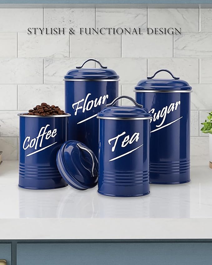 Hillbond Kitchen Canister Sets for Countertop Food Storage Containers Stainless Steel with Powder Coated Decorative Metal Storage Jars for Kitchen Counter Set of 4 (Navy Blue)