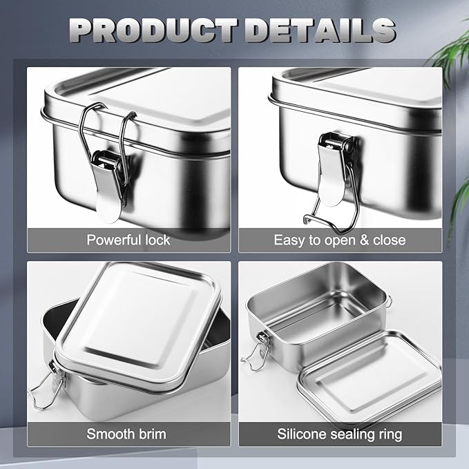 Umigy 3 Pcs Stainless Steel Food Containers 550/850/1000ml Metal Bento Lunch Box Stainless Steel Food Storage Containers, Lockable Clips to Leak Proof, Reusable Dishwasher Snack Boxes for Work