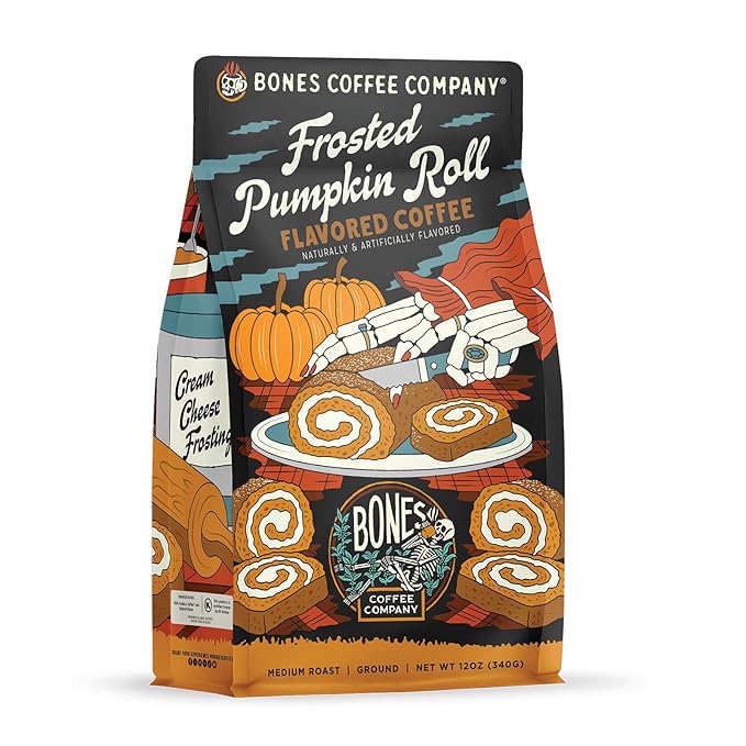 Bones Coffee Company Frosted Pumpkin Roll Flavored Coffee, Medium Roast Low Acid Arabica Beans Compatible with Auto drip and French Press Coffee Maker, 12 Oz Ground