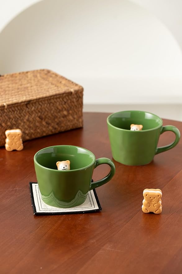 DIHOclub Bow Tie Bear Coffee Cup Hidden Ceramic Animal Inside Mug,Cute Cartoon Handmade Figurine Mugs,Holiday and Birthday Gift for Coffee Milk Tea Lovers,12 Oz(Green)