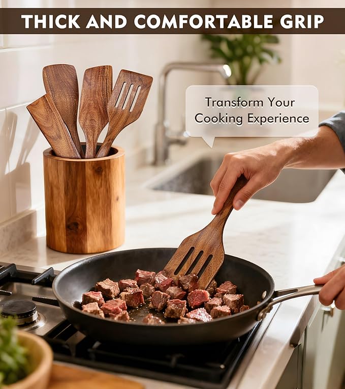 4Pcs Wooden Spatula for Cooking, Acacia Wooden Spatula for Kitchen Use, Nonstick Cookware Safe Utensils Set including Turner, Slotted Turner, Paddle and Scraper, Ideal Cooking Utensils Gift Set