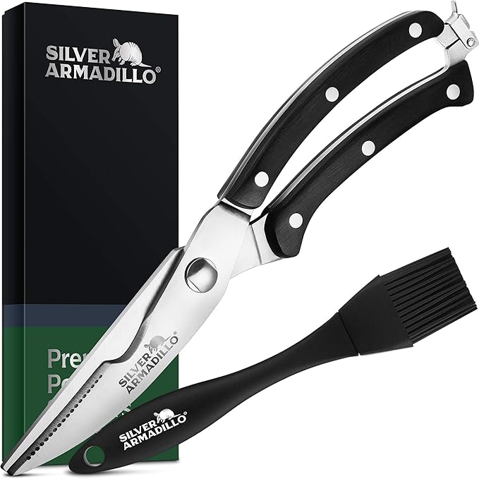 Heavy Duty Stainless Steel Poultry Shears For Bone, Chicken, Meat, Fish, Seafood, Vegetables. Premium Spring Loaded Food Scissors. One piece Kitchen Shears. (Black Wooden Handles)