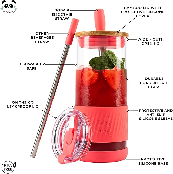 Pandaloo® Glass Cups With Lids and Straws -20 Fl Oz- Perfect Size Iced Coffee Cup - Smoothie Cup With Bamboo Lid and On the go Lid - Glass Tumbler With Straw (1 Count (Pack of 1), Coral)