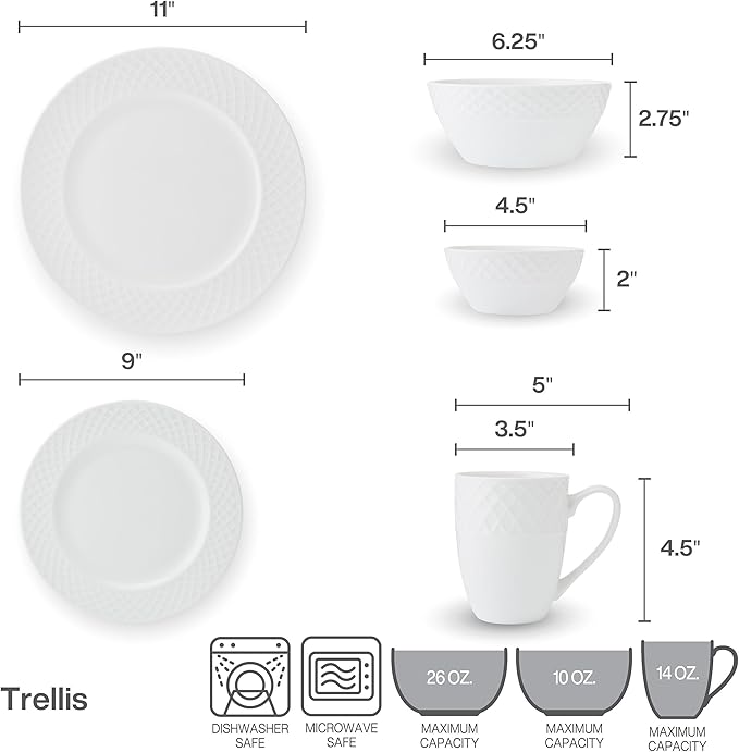 Mikasa Trellis Bone China Lightweight Chip Resistant 40 Piece Dinnerware Set, Service for 8