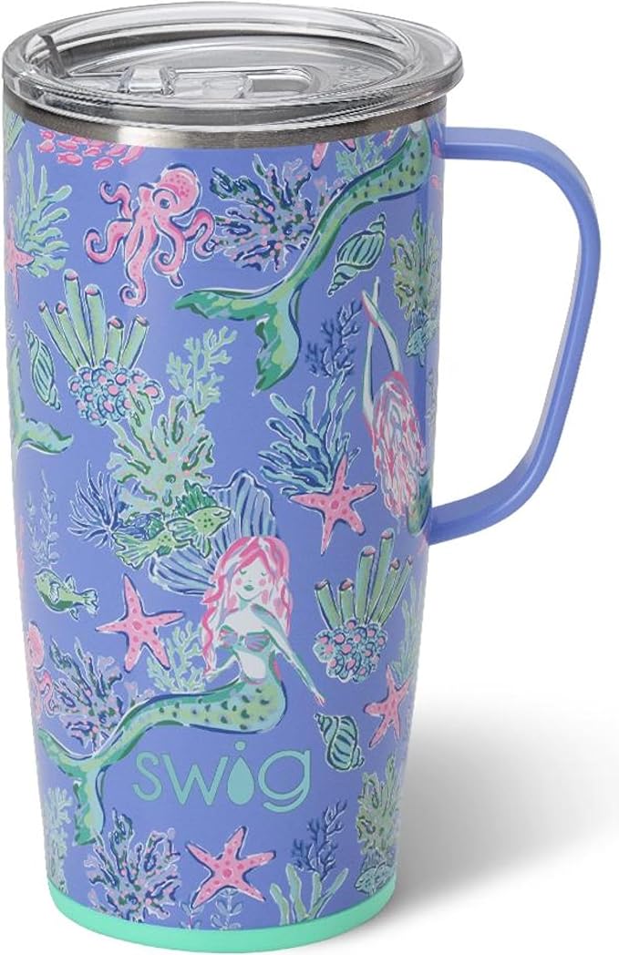 Swig Life 22oz Travel Mug, Insulated Tumbler with Handle and Lid, Cup Holder Friendly, Dishwasher Safe, Stainless Steel, Travel Coffee Cup, Insulated Mug with Lid (Under the Sea)