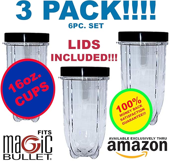 16oz Cups 6 Piece Set - 3 Replacement Cups WITH LIDS for Magic Bullet Blender LIDS INCLUDED