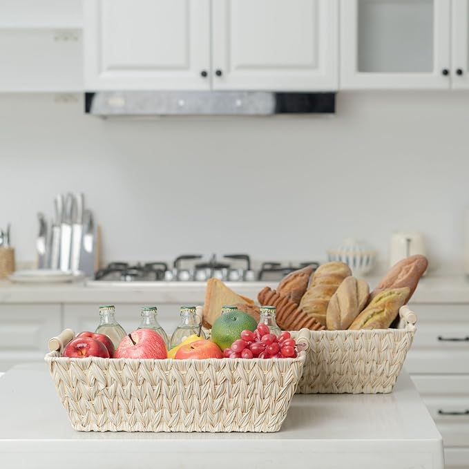 GRANNY SAYS 2-Pack Wicker Storage Baskets, Wicker Baskets for Organizing, Large Basket with Handles, Waterproof Woven Basket, Trapezoid Storage Baskets for Shelves, Butter Milk