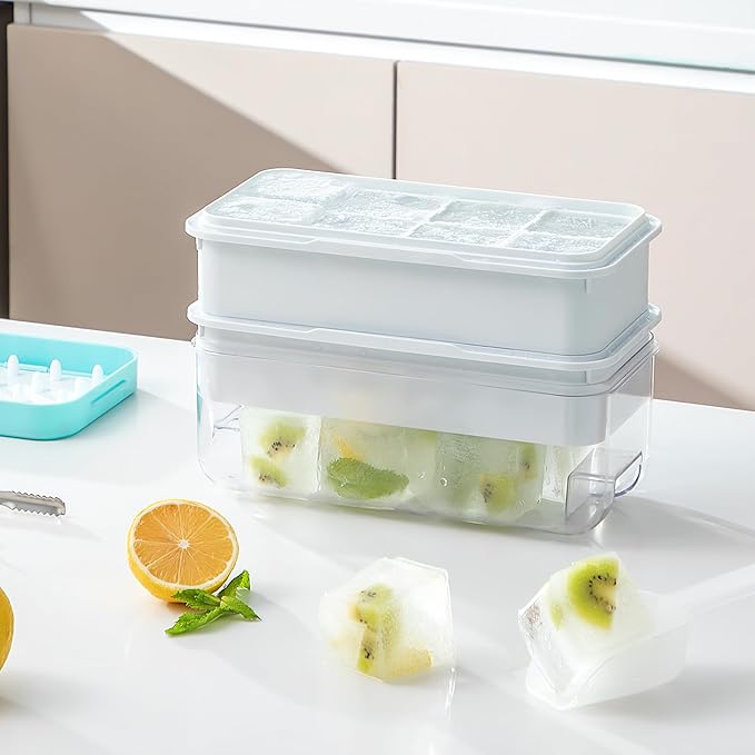 Large Ice Cube Tray, Easy Release Press Ice Cube Moulds, No Overflow Ice Cube Maker and Storage Container All in One, Perfect for Whiskey, Cocktail, for 16 Large Ice Cubes(5cmx5cmx4.5cm), Blue