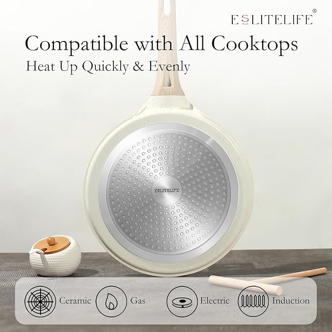 ESLITE LIFE 9.5 Inch Crepe Pan with Spreader, Nonstick Ceramic Flat Skillet Dosa Tawa Comales Para Tortillas Pancake Pan, PTFE & PFOA Free, White