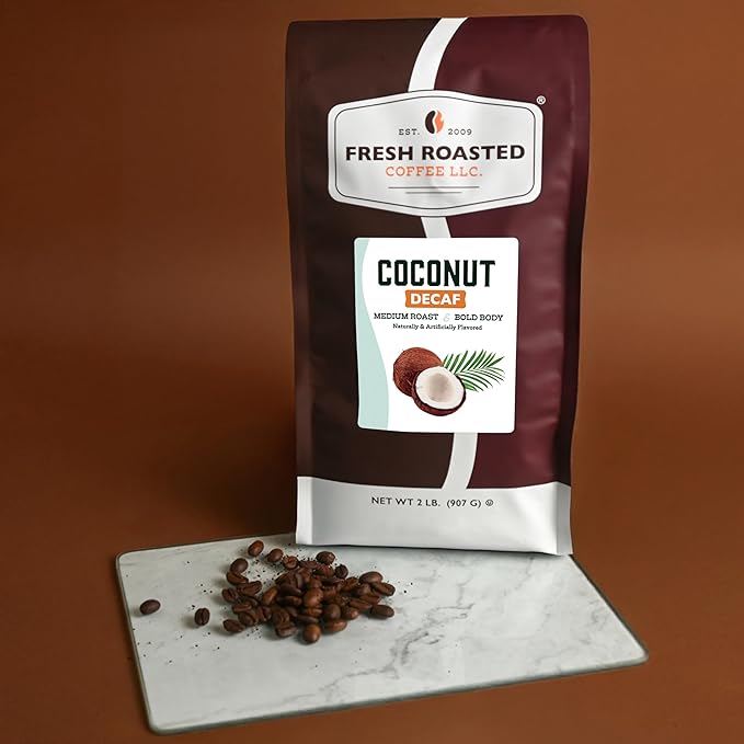 Fresh Roasted Coffee, Decaf Coconut Flavored Coffee, 2 lb (32 oz), Medium Roast, Kosher, Whole Bean