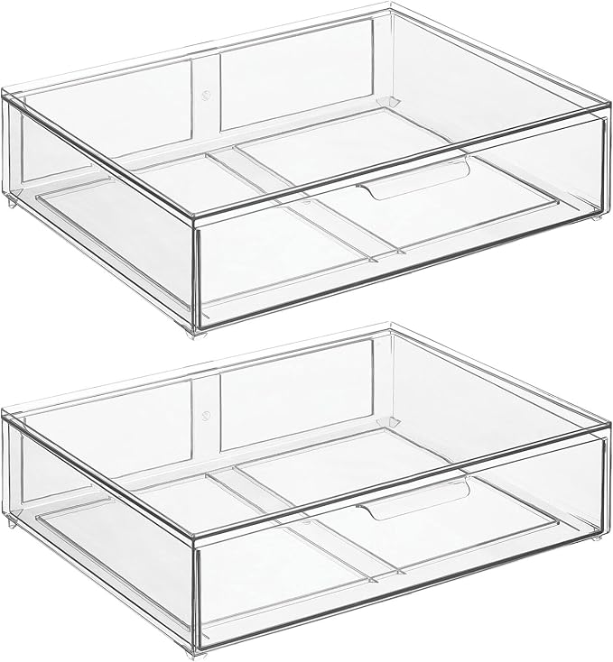 mDesign Wide Plastic Stackable Bathroom Storage Organizer Bin with Pull Out Drawer for Cabinet, Vanity, Shelf, Cupboard, Cabinet, Countertop, Closet Organization - Lumiere Collection - 2 Pack - Clear