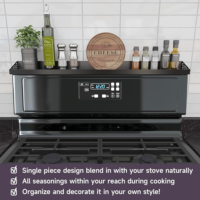 30" Magnetic Stove Top Shelf – Black Spice Rack and Seasoning Organizer – Magnetic Kitchen Shelf for Back of Stove – Over Stove Rack and Storage Organizer