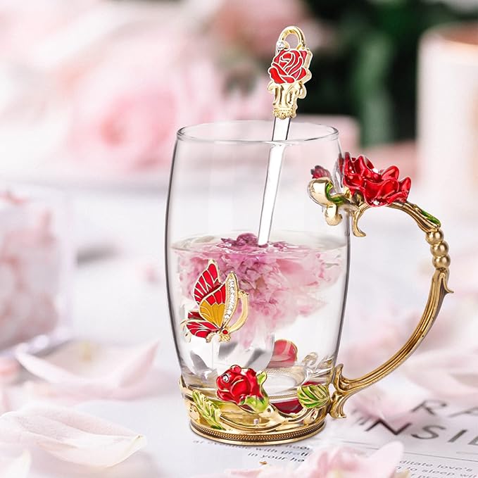 OEAGO Gifts for Women Mom Mothers Tea Cup Best Birthday Butterfly Rose Gifts for Her from Daughter Son Glass Coffee Christmas Enamels Mug Lead-Free with Spoon Set