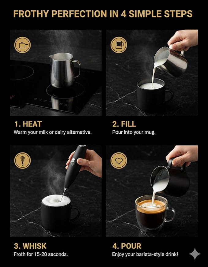 Bean Envy Milk Frother, Coffee Stirrers, Frother Wand, Milk Frother Handheld, Frother with stand, Hand Blender for Coffee, Lattes, Cappuccino, Matcha and Hot Chocolate – Kitchen Gifts - Black