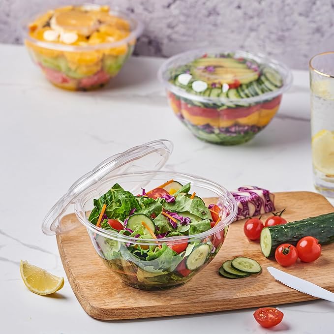 [32 oz. 50 Sets Clear Plastic Salad Bowls with Airtight Lids Disposable To Go Mixing Containers Serving for Fruit, Quinoa, Lunch and Meal Prep