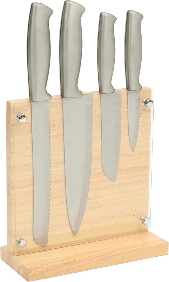 Oster Baldwyn 5-Piece Stainless Steel Knife Block Set with Wood Magnetic Stand – Countertop Display & Knife-Safe Storage