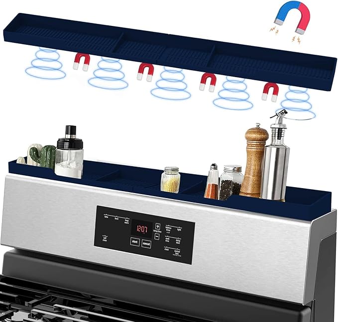 AWOKE Stove Top Shelf 30 Inch - Silicone Material Magnetic Shelf for Stove - 3 Functional Partitions Kitchen Spice Rack Organizer-Navy Blue,Kitchen Gadgets Storage Organization