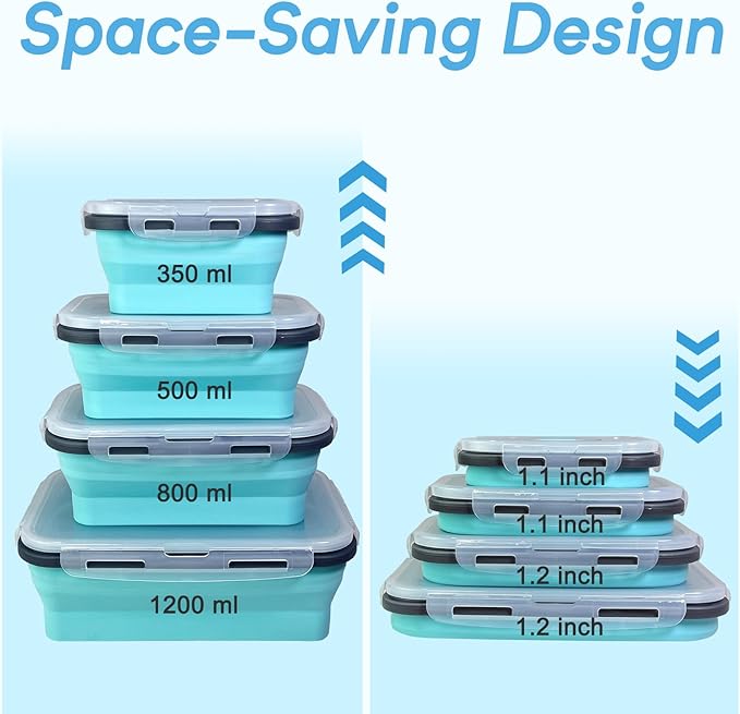 Guyuyii 4 Pack Collapsible Food Storage Containers with Lids – Stacking Silicone Food Storage Containers for RV Accessories, RV Essentials, Camper Must Haves – Microwave, Dishwasher, Freezer Safe