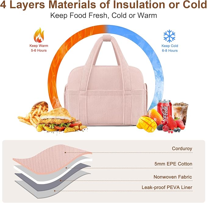 Corduroy Lunch Box Lunch Bag for Women Men, Cute Strawberry Small Insulated Reusable Work Leakproof Simple Lunch Boxes Tote Bag Adults Cooler Bag