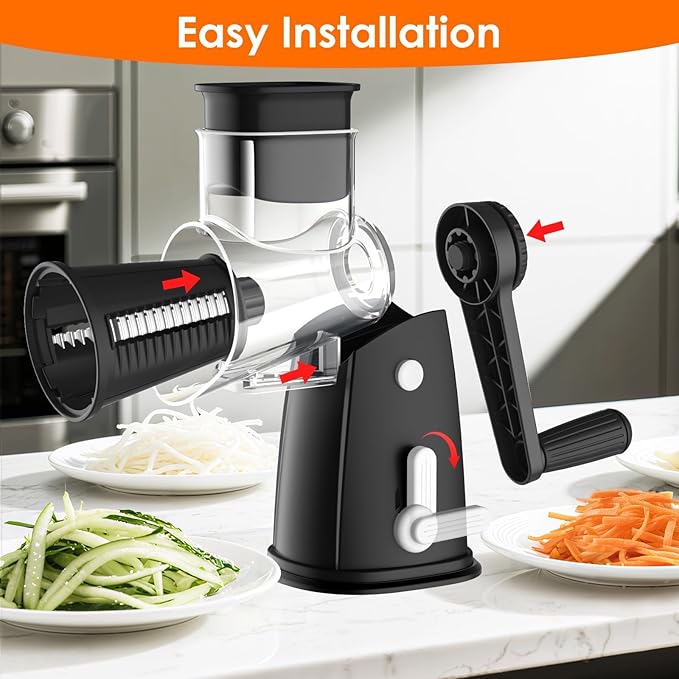 5 Blade Rotary Cheese Grater and Vegetable Chopper with Storage Box and Hand Crank, Compact Shredder for Cheeses, Veggies, Nuts - Easy to Use, Non-slip Suction Base,Black