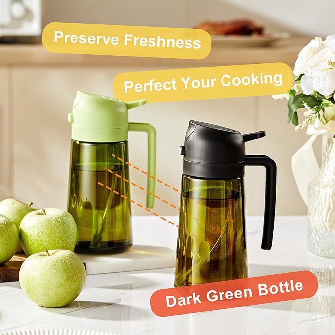 CXINYI - 16oz/470ml Olive Oil Dispenser for Kitchen with Stickers - 2 in 1 Olive Oil Sprayer for Cooking, Air Fryer, and Salad, Green (Light-Proof Kitchen Gadget)