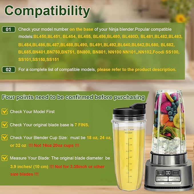Blender Cups Replacement Parts for Ninja, 32oz Cups with Sip & Seal Lids,Compatible with Ninja Auto IQ Blender BL450 BL480 BL642 BL680 BN801 SS101 SS151