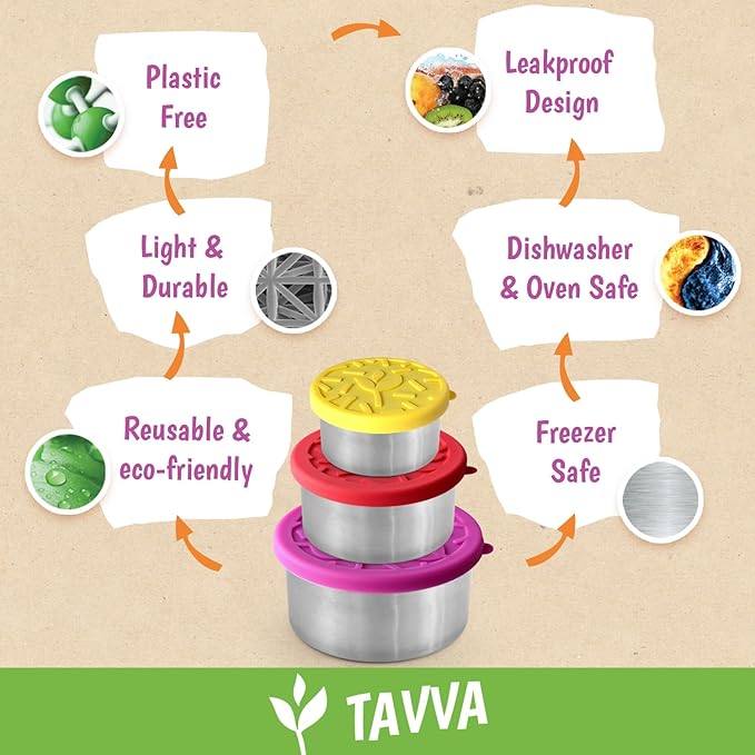 TAVVA Stainless Steel Snack Containers for Kids [12oz/ 7oz/ 3oz] - Leakproof with Silicone Lids - Lunch Box for Kids - Metal Lunchbox for School, Office, Home Food Storage - Dishwasher & Freezer Safe