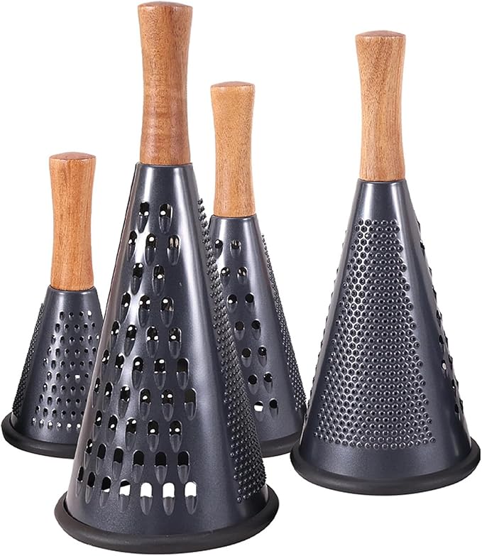 Cone Cheese Grater with Handle Stainless Steel Grater Triple Function Wood Handle Shredder Non-Slip Rubber Bottom Hand Held Multifunction Vegetables Grater Black 4-Size (Size S: 7.7" X 3.5" Black)