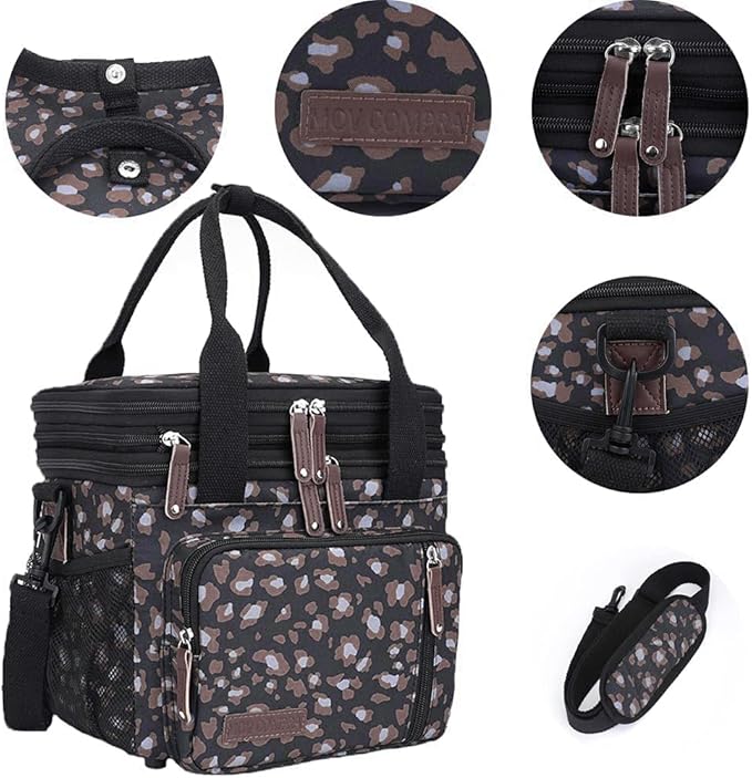 MOV COMPRA Leopard Lunch Bags for Women,Expandable Large Lunch Box,Leakproof Double Deck Lunch Box Cooler Tote Bag with Removable Shoulder Strap（Leopard Print）