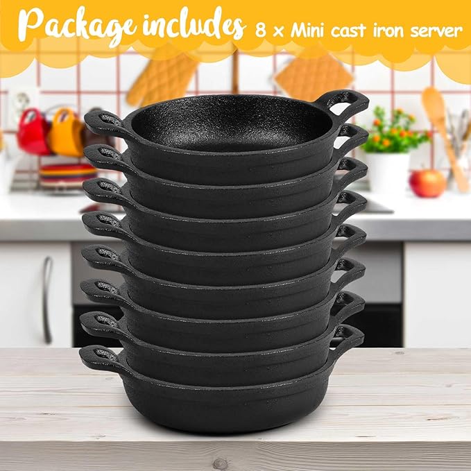 Mini Cast Iron Skillets 5 x 5 x 1.3 Inch Cast Iron Pan Small Ramekin Set Black Casserole Dish Cookware Oven Safe Mini Skillets for Kitchen Indoor Outdoor Picnic (8 Pack)
