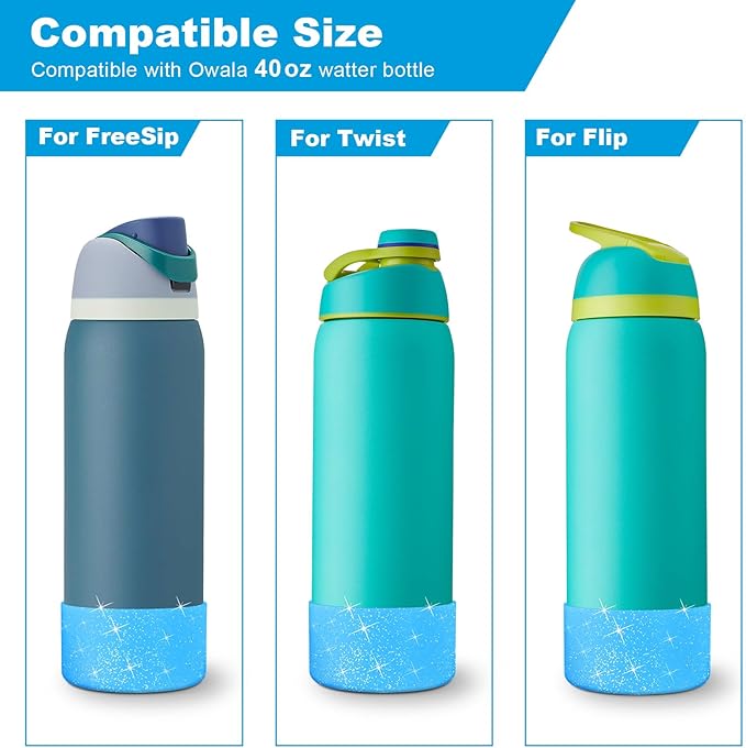 2PCS Glitter Silicone Boot for Owala Water Bottle, Anti-Slip Protective Sleeve for Owala Twist,FreeSip and Flip Stainless Steel Water Bottle, BPA-Free, Dishwasher Safe, Accessories