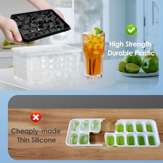 WIBIMEN Ice Cube Tray with Lid and Bin - Round Ice Trays for Freezer with Lid - Ice Cube Trays for Freezer with Ice Container (1"-2PACK Black)