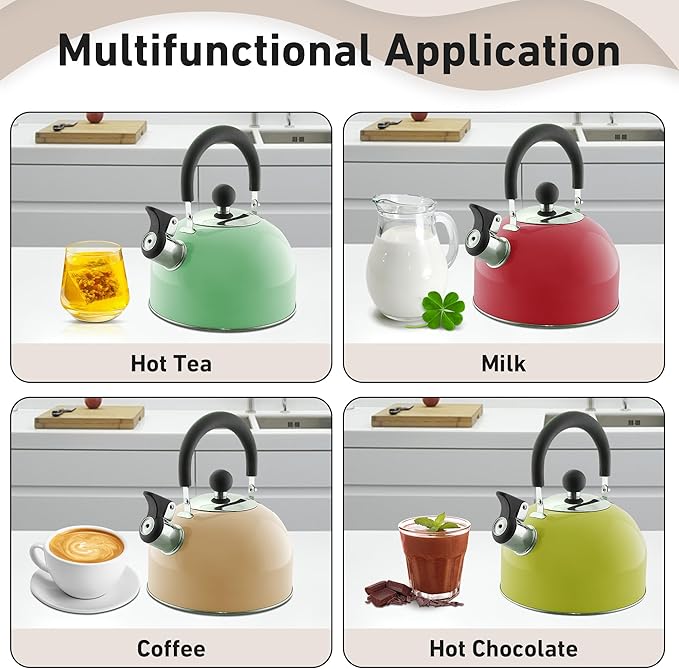 Lily's Home 2 Quart Stainless Steel Whistling Tea Kettle, the Perfect Stovetop Tea and Water Boilers for Your Home, Dorm, Condo or Apartment. (Pastel Green)