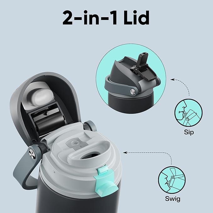 Insulated Water Bottle with Straw - Encool Stainless Steel Water Bottle with Push Button Lid, Leak-Proof & BPA-Free, Keeps Cold for 24 Hours for Sports, Travel, Gym (18 oz, Tuna Grey-Green)