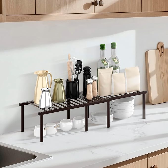 STORAGE MANIAC Set of 4 Expandable Kitchen Cabinet Organizer Shelf Kitchen Counter Shelves Spice Rack Kitchens Storage Wire Shelf Adjustable Metal Pantry Storage for Plate Dish, Brown