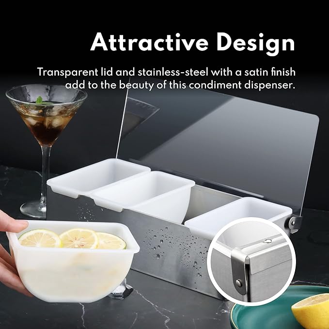 New Star Foodservice | Multi-Compartment Restaurant-Grade Condiment Dispensers (Silver, 3 Compartments)