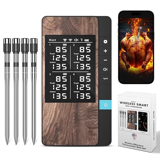 Wireless Meat Thermometer-Multi Sensors Digital Food Thermometer with Ultra-Thin Probes, Accuracy Smart Bluetooth Meat Thermometer for Steak, BBQ, Oven, Grill, Smoker (4 Probes)