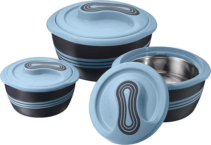 Pinnacle Insulated Casserole Dish with Lid 3 pc. Set 2.6/2/1 qt. Hot Pot Food Warmer/Cooler –Thermal Soup/Salad Serving Bowl- Stainless Steel Hot Food Container–Best Gift Set for Moms –Holidays Blue