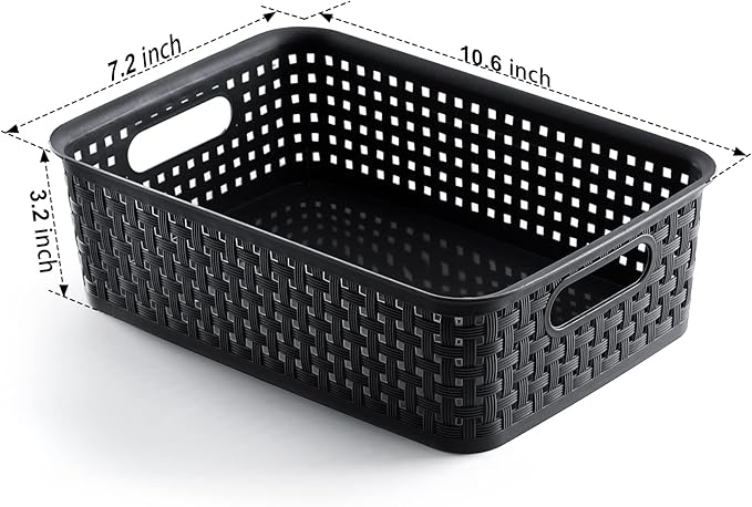 [ 12 Pack ] Plastic Storage Baskets, Small Pantry Organization and Storage Bins, Household Organizers for Laundry Room, Bathrooms, Kitchens, Cabinets, Countertop, Under Sink or Shelves, Black
