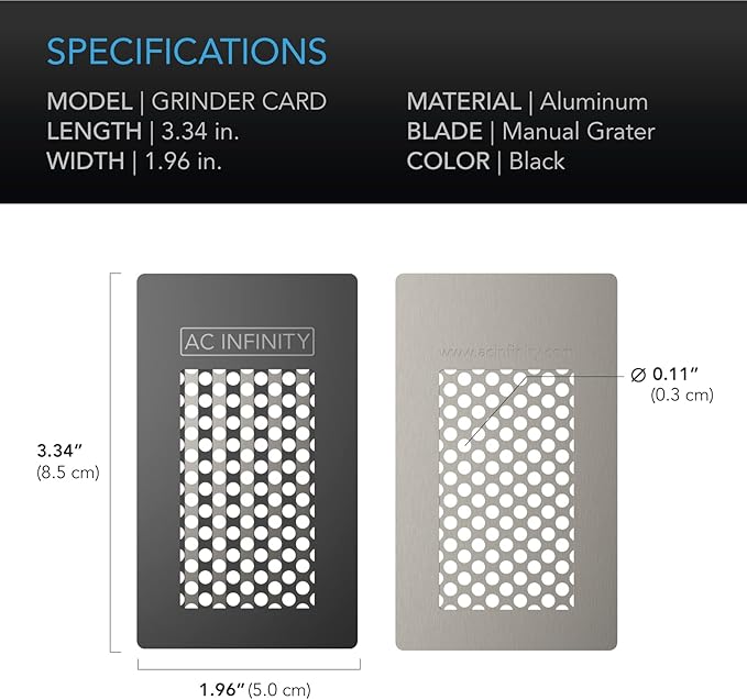 AC Infinity Grinder Card, Black Aluminum Milling Tool with Manual Grater Surface for Pepper, Spices, and Tea