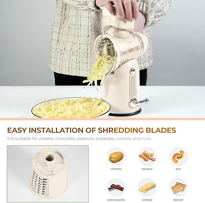 Rotary Cheese Grater with Handle Vegetable Shredder with 5 Interchangeable Blades, Kitchen Food Slicer and Chopper with Strong Suction Base for Fruit Vegetables Nuts with Blade Storage Box (White)